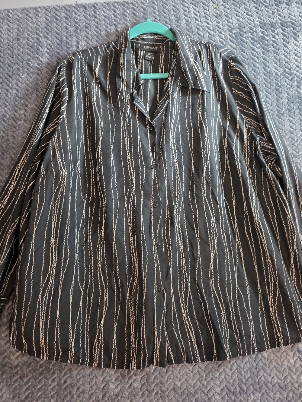 Lane Bryant Black Button-Up Blouse with White Stripe Detail 100% Silk Size 22W